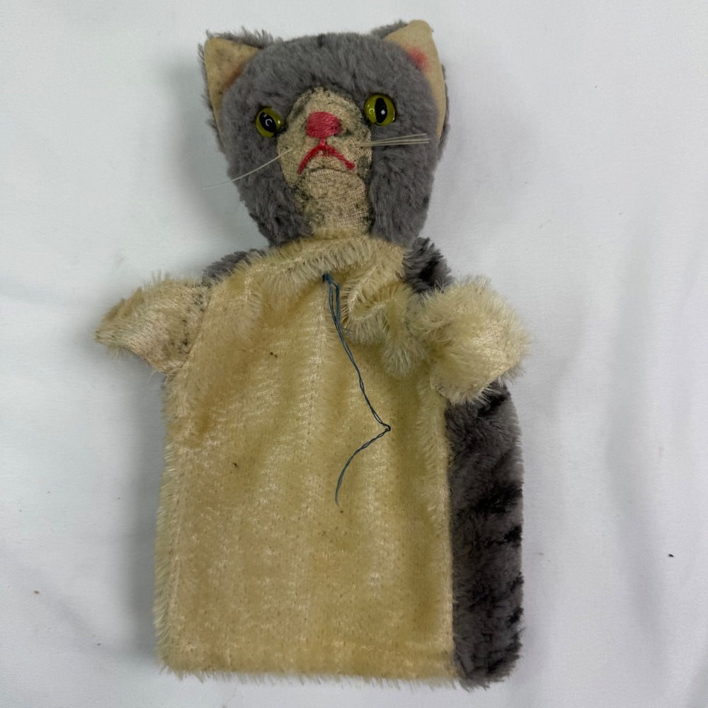Vintage 1960s Hermann Teddy Original Mohair Tabby Cat Hand Puppet Glass Eyes